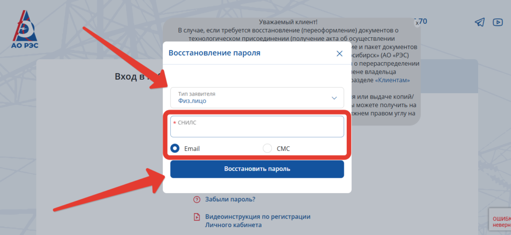 Восстановление пароля в Личном кабинете АО РЭС